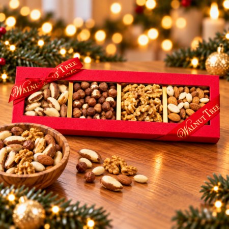 Walnut Tree luxury four-compartment mixed nut gift box featuring Brazil nuts, hazelnuts, walnuts and almonds, presented in a red gift box with gold Walnut Tree ribbon, a wooden bowl and warm golden Christmas lights.