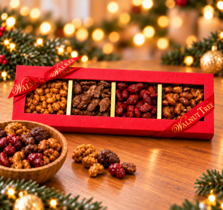 Walnut Tree luxury four-compartment nut gift box featuring assorted caramelised, chocolate-coated and glazed nuts, presented in red packaging with gold Walnut Tree ribbon, a wooden bowl and warm festive Christmas lights.