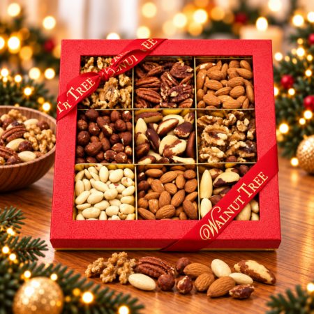 Walnut Tree luxury nine-compartment nut gift box featuring assorted walnuts, pecans, almonds, Brazil nuts and hazelnuts, presented in red packaging with gold ribbon against a warm festive Christmas background.