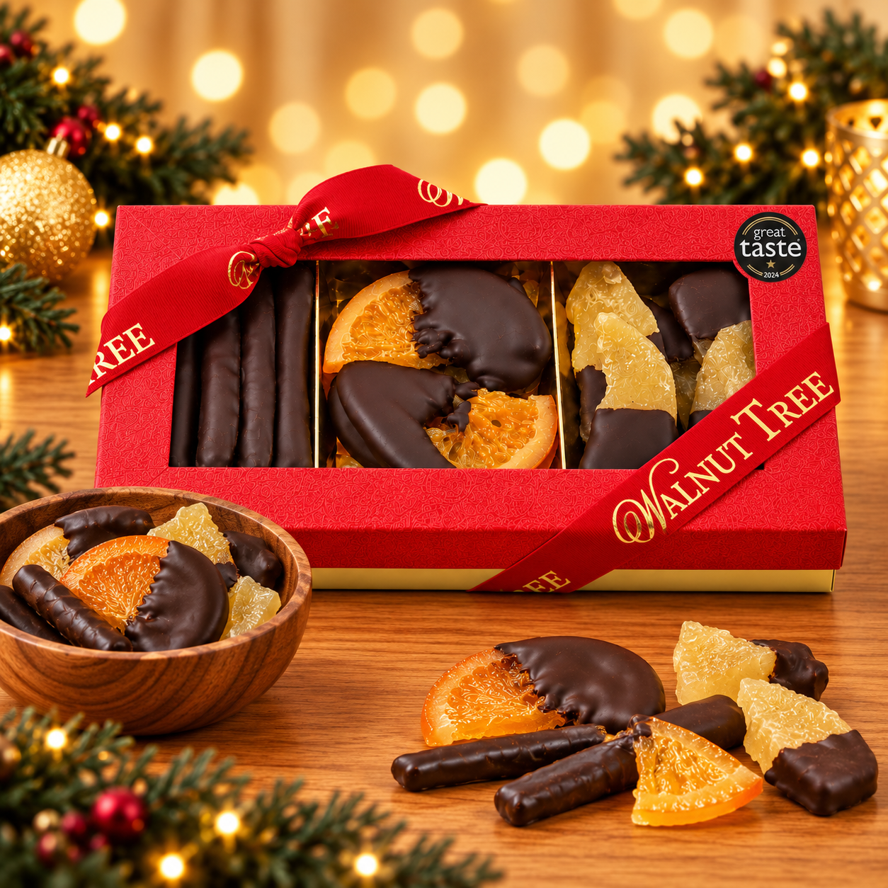 Walnut Tree luxury medium gift box featuring chocolate-dipped orange slices and assorted candied fruits, presented in a red gift box with gold Walnut Tree ribbon and Great Taste award badge, against a warm festive Christmas background.