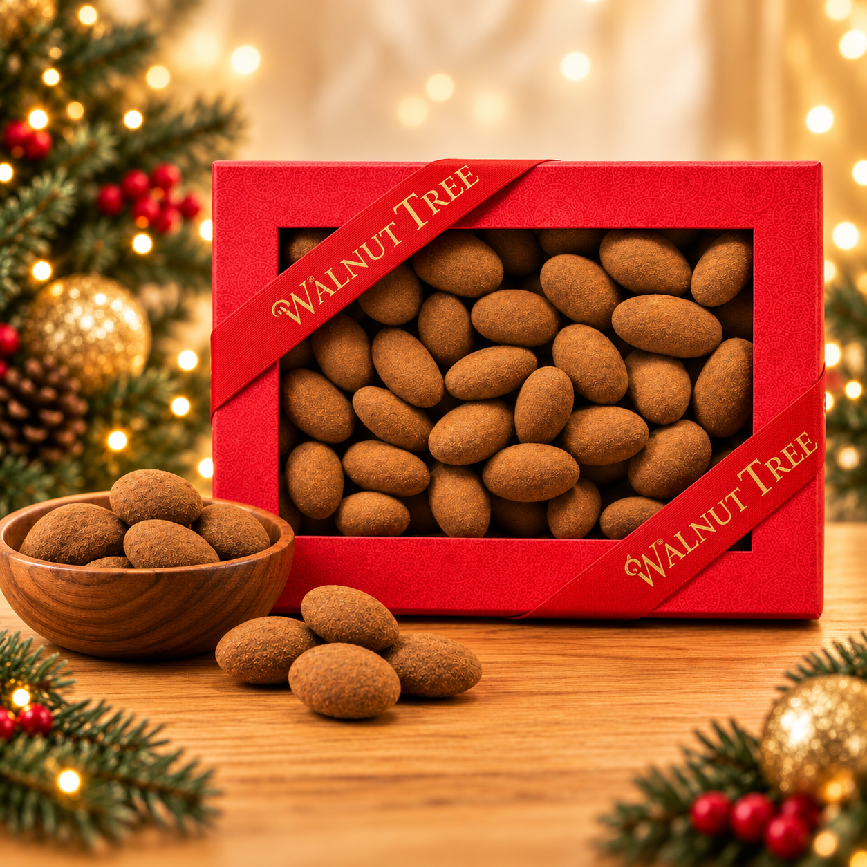 Walnut Tree luxury red rectangular Christmas gift box filled with cocoa-dusted confections, finished with a gold-lettered satin ribbon and displayed beside a wooden bowl against warm golden Christmas lights.