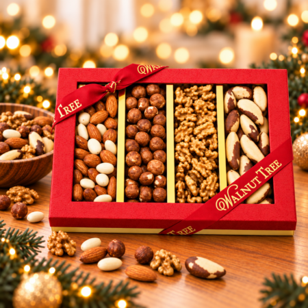 Walnut Tree luxury four-compartment mixed nut gift box featuring almonds, hazelnuts, walnuts and Brazil nuts, presented in red packaging with gold ribbon against a warm festive Christmas background.