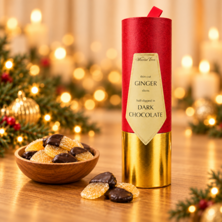 Walnut Tree luxury red and gold Christmas gift scroll containing thin-cut ginger slices half-dipped in dark chocolate, displayed with a wooden bowl of chocolate ginger and warm golden festive lights.