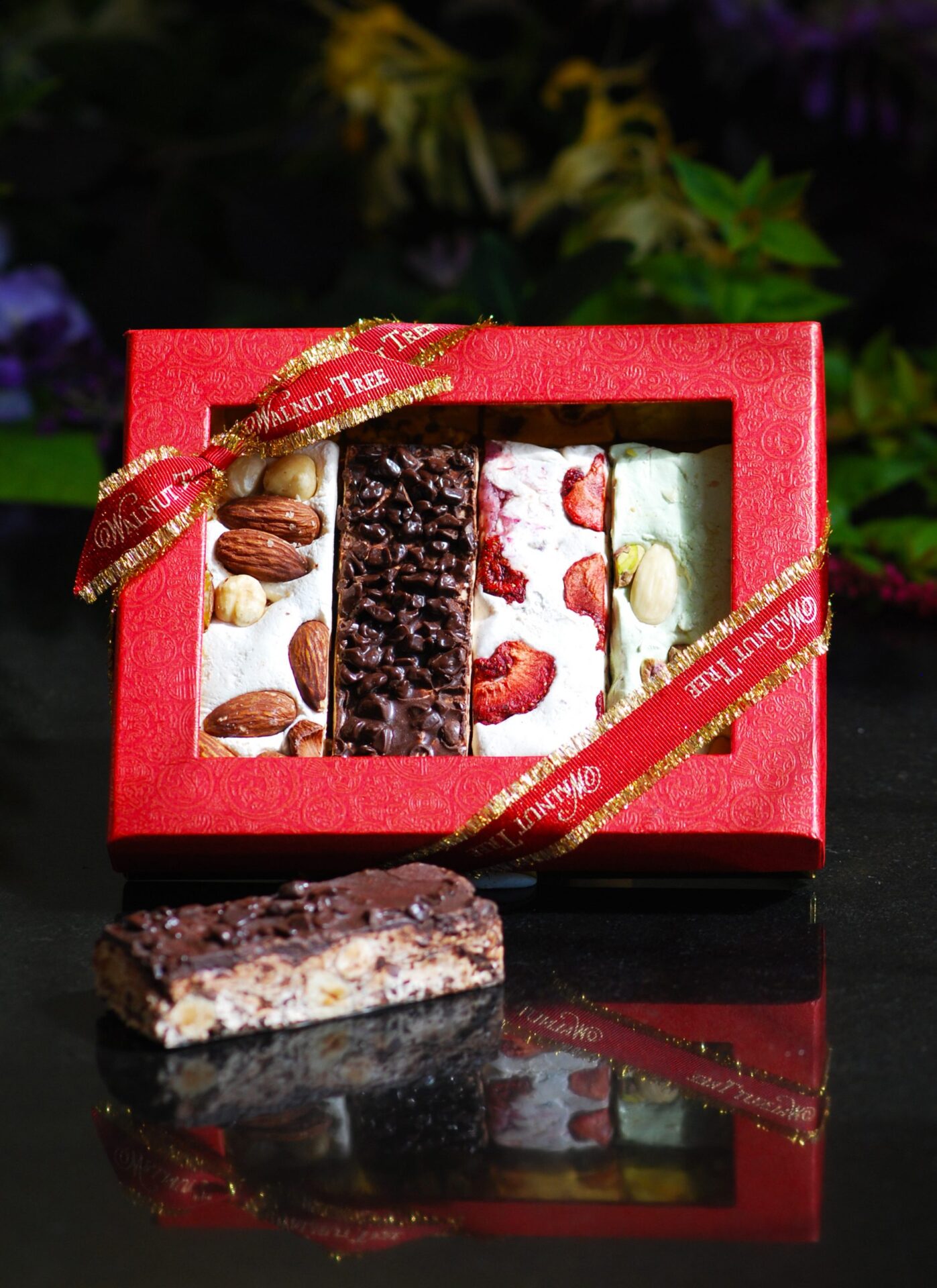 Soft Italian nougat with pistachio, almond, strawberry and chocolate