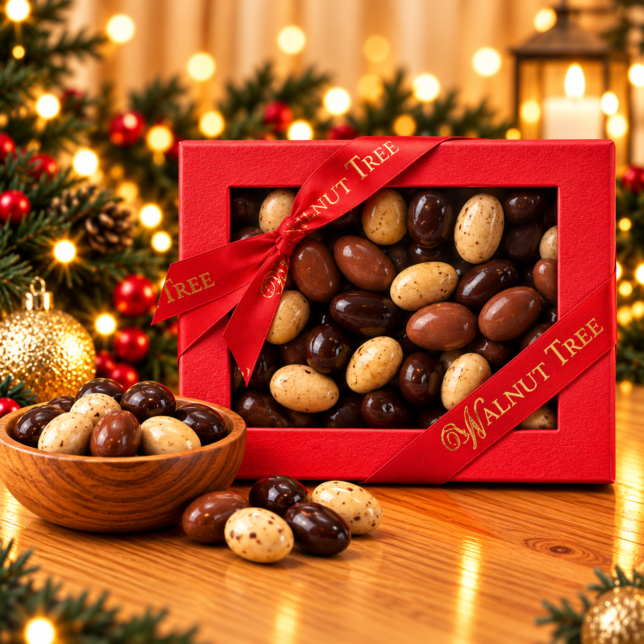 Walnut Tree luxury red rectangular Christmas gift box filled with cocoa-dusted confections, finished with a gold-lettered satin ribbon and displayed beside a wooden bowl against warm golden Christmas lights.