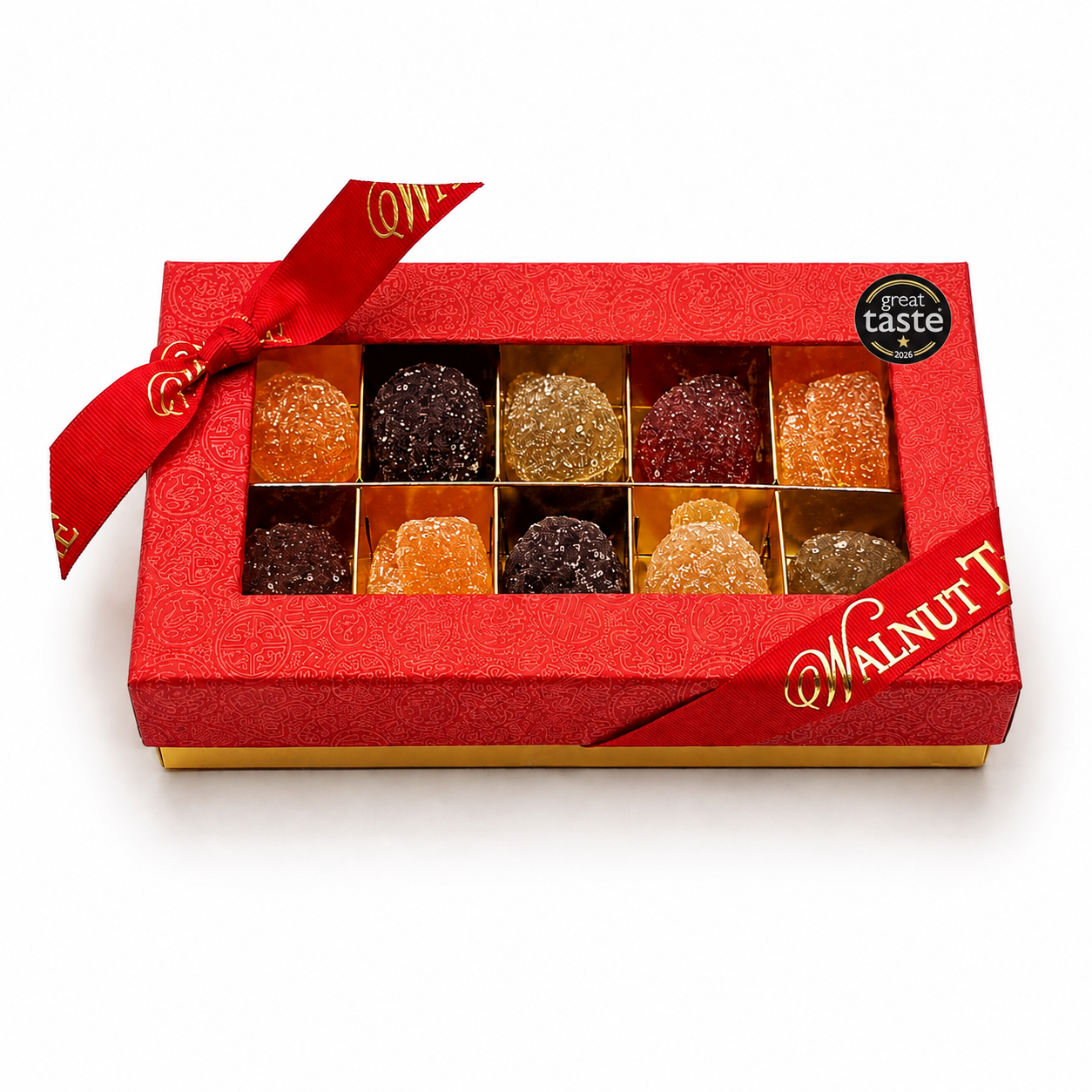Walnut Tree luxury medium gift box containing ten assorted sugar-coated fruit-shaped jellies, presented in red and gold packaging with a Great Taste award badge, wooden bowl and warm Christmas lights.