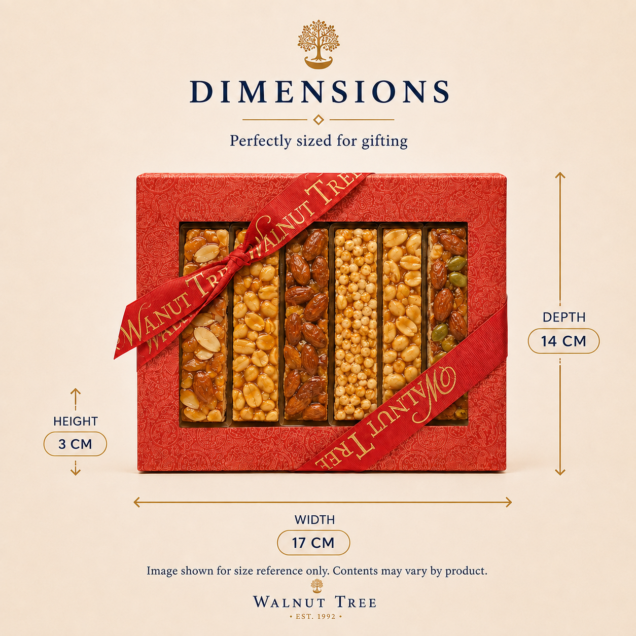 Walnut Tree Six Assorted Nut Brittle Bars 220g – product details, gift presentation and packaging information
