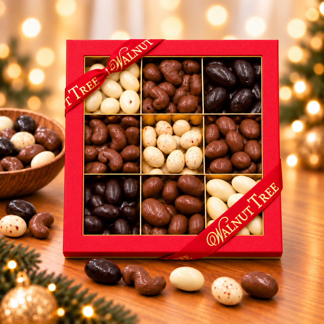 Walnut Tree luxury nine-compartment chocolate-coated nut gift box featuring assorted milk, dark and white chocolate-coated nuts, presented in red packaging with gold ribbon against a warm festive Christmas background.