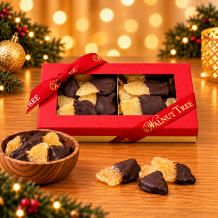 Walnut Tree luxury medium gift box featuring crystallised ginger pieces partially dipped in dark chocolate, presented in red packaging with gold Walnut Tree ribbon, wooden bowl and warm festive Christmas lighting.