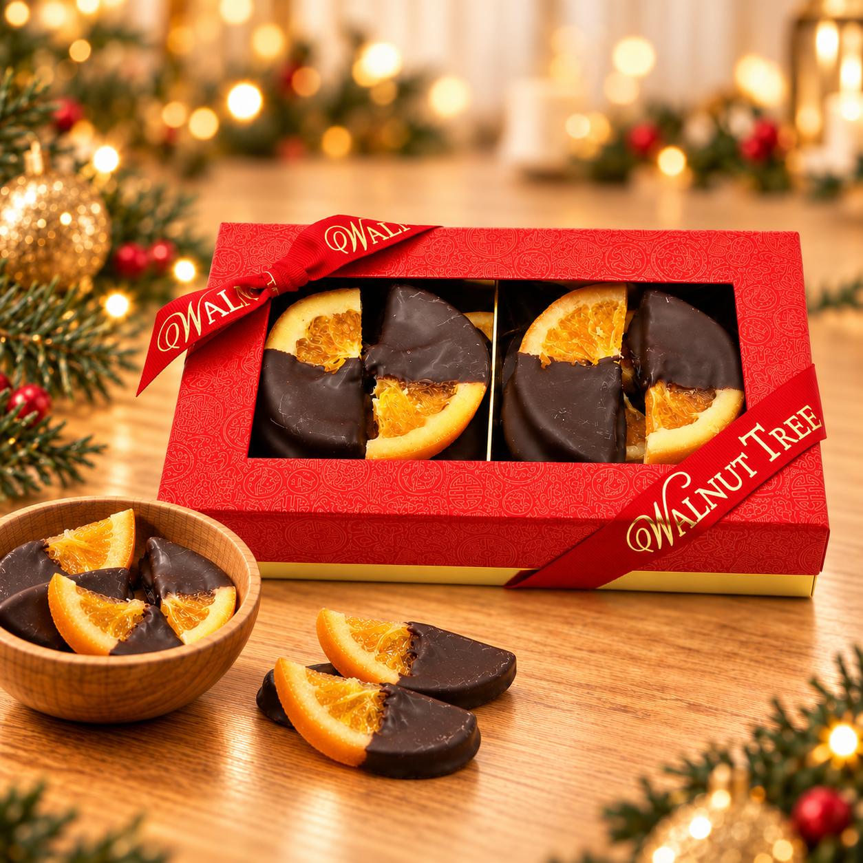Walnut Tree luxury medium gift box of dark chocolate-dipped orange slices, presented in a red patterned box with metallic gold Walnut Tree ribbon, wooden bowl and elegant Christmas decorations.