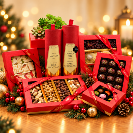 Walnut Tree luxury Christmas gift collection featuring red and gold gift boxes filled with premium chocolates, nuts, nougat and dried fruits, presented with festive greenery and warm golden Christmas lights.