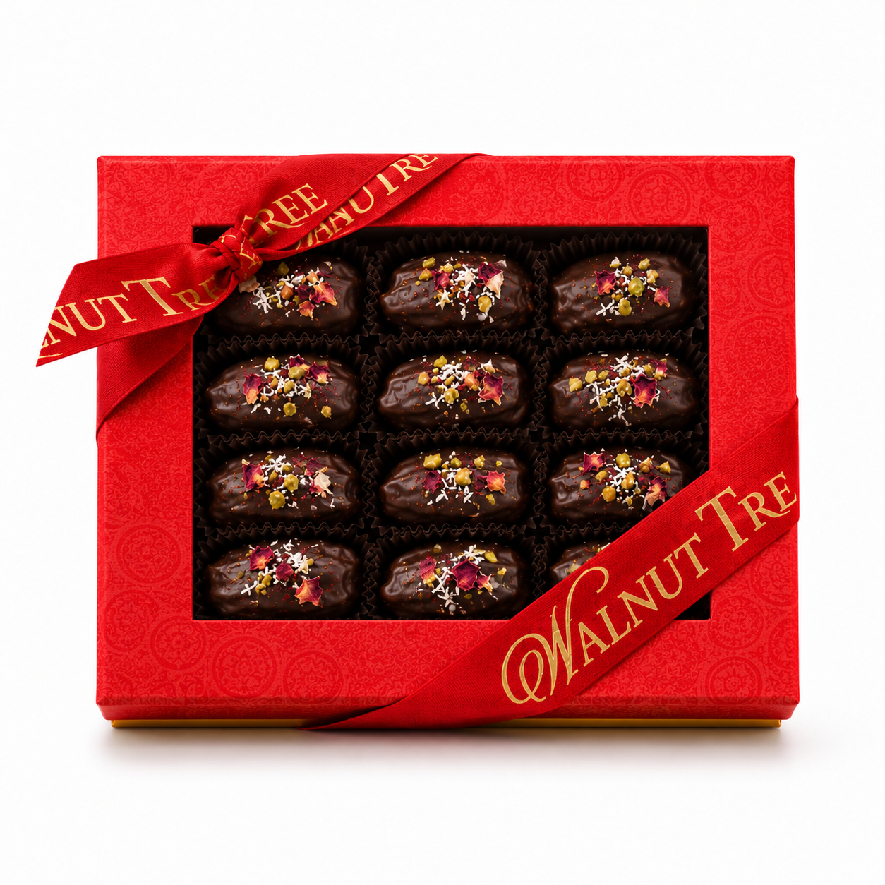 Walnut Tree luxury Christmas gift scroll containing dried apricot slices half-dipped in dark chocolate, presented in red and gold packaging with a wooden bowl of chocolate apricots, festive greenery and warm golden Christmas lights.