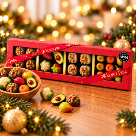 Walnut Tree luxury four-compartment marzipan gift box featuring walnut-topped marzipan and colourful marzipan fruits and vegetables, presented with a wooden bowl, red and gold ribbon and festive Christmas lights.