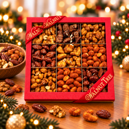 Walnut Tree Striped Nuts luxury gift box with four compartments of assorted coated nuts, red gift packaging and gold ribbon, displayed with festive Christmas lights.