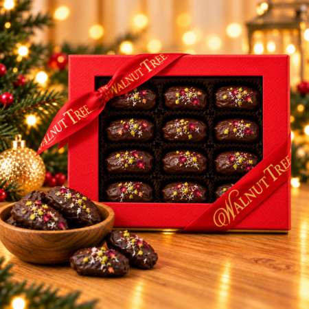 Walnut Tree luxury Christmas gift scroll containing dried apricot slices half-dipped in dark chocolate, presented in red and gold packaging with a wooden bowl of chocolate apricots, festive greenery and warm golden Christmas lights.