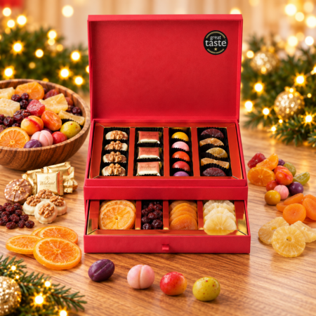 Walnut Tree luxury two-tier Jewel Box filled with chocolates, marzipan fruits, marrons glacés, fruit jellies and dried fruits, presented in a red gift box with Great Taste award and elegant Christmas decorations.