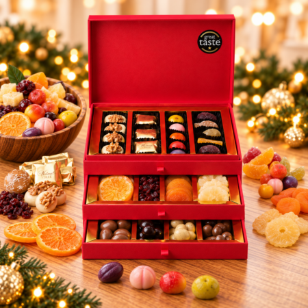 Walnut Tree luxury three-tier Jewel Box featuring assorted chocolates, chocolate-coated nuts, marzipan fruits, marrons glacés, fruit jellies and dried fruits, presented in a red gift box with Great Taste award and festive Christmas decorations