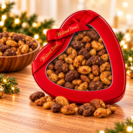 Walnut Tree luxury spicy and chilli-coated mixed nuts in a red heart-shaped gift tin with branded ribbon, surrounded by seasoned nuts and warm Christmas decorations.