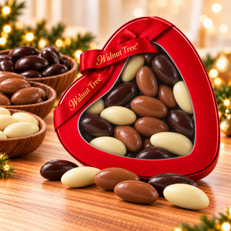 Walnut Tree luxury Brazil nuts individually coated in milk, dark and white chocolate, presented in a red heart-shaped gift tin with branded ribbon and festive Christmas decorations.