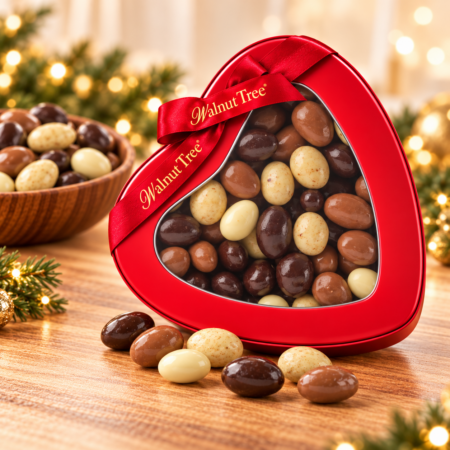 Walnut Tree ASSORTED CHOCOLATE coated almonds presented in a red heart-shaped gift tin with branded ribbon, with loose almonds and a wooden bowl in a festive Christmas setting.