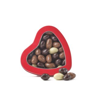 Chocolate Brazil nuts in milk, dark and white chocolate in a Walnut Tree heart shaped box